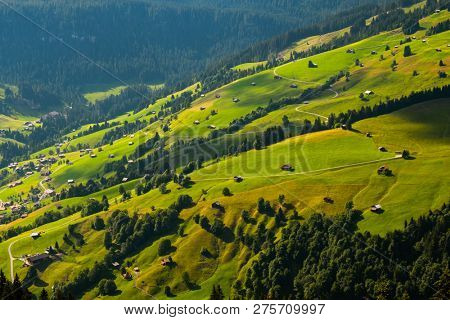 Summer time mountain nature panoramic landscape near Habkern, Switzerland