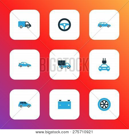 Car Icons Colored Set With Crossover, Plug, Car And Other Crossover Elements. Isolated Vector Illust