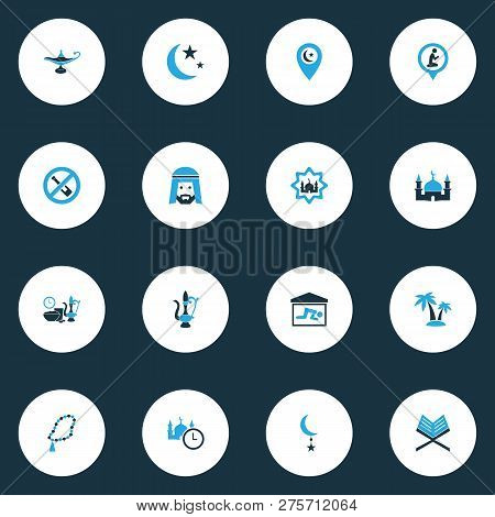 Religion Icons Colored Set With Muslim, Palms, Praying And Other Beads Elements. Isolated Vector Ill