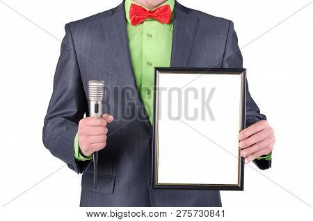 Blank Diploma Or Certificate Mockup In A Presenter Hands. Award Ceremony. Product Presentation. Spec
