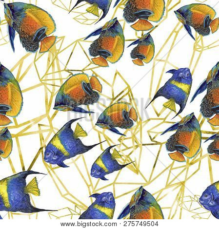 Watercolor Aquatic Underwater Colorful Tropical Fish Illustration Set. Seamless Background Pattern.
