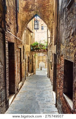 Medieval Narrow Street Vicolo Delle Scotte In Old City Siena. Tuscany, Italy.