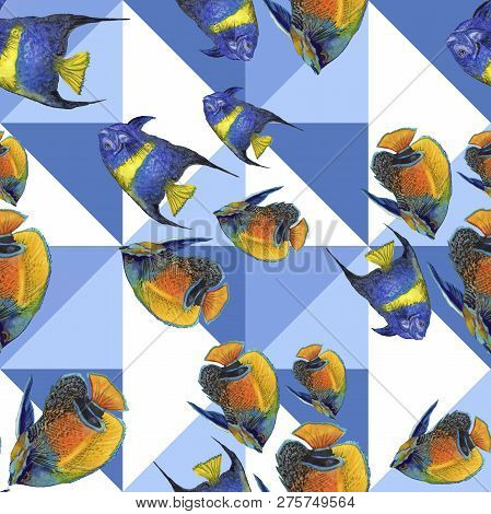 Watercolor Aquatic Underwater Colorful Tropical Fish Illustration Set. Seamless Background Pattern.