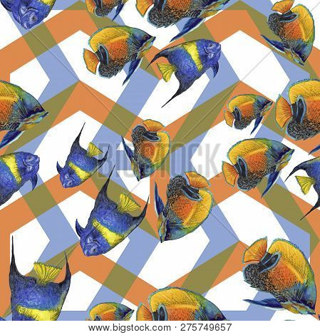 Watercolor Aquatic Underwater Colorful Tropical Fish Illustration Set. Seamless Background Pattern.