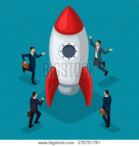 Trendy Isometric Objects, 3d Rocket, Businessmen Creation Of Start-up, Joy Of Success, Concept With 