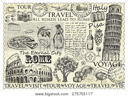 Stamp Rome Italy With Colosseum And Pisa Tower.
