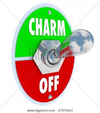 A metal toggle switch with plate to illustrate the saying Turn On the Charm symbolizing the desire to be charismatic and alluring to other people, especially the opposite sex