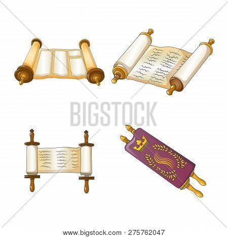 Torah Scroll Book Bible Shavuot Icons Set. Cartoon Illustration Of 4 Torah Scroll Book Bible Shavuot