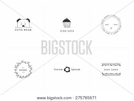 Premade Logo Templates For Children Related Business Identity. Vector Set Of Hand Drawn Illustration