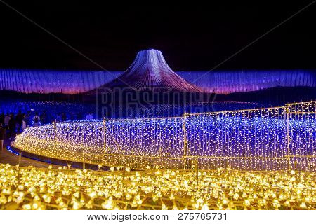 Mie, Japan - December 2018 : The Sea Of Light In Nabana No Sato Garden At Night In Winter, Nagano, J