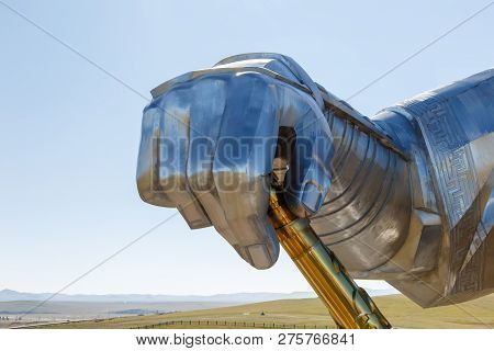 Tsonjin Boldog, Mongolia - September 14, 2018: The Giant Genghis Khan Equestrian Statue. The Right H