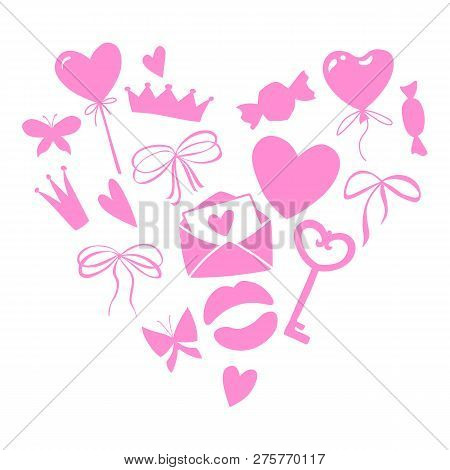 Valentines Day Set, Heart Shape Made Of Objects For Concept And Design, Vector Illustration Flat, Pi