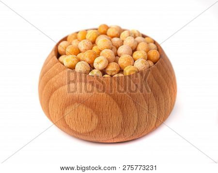 Dry Yellow Peas On Wooden Bowl Isolated On White Background