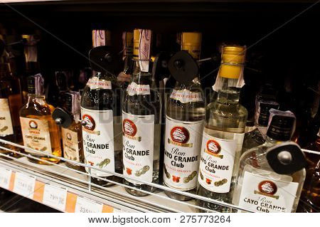 Kyiv, Ukraine - December 19, 2018: Bottles Of Ron Cayo Grande Club On Shelves In A Supermarket.