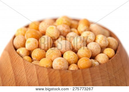 Dry Yellow Peas On Wooden Bowl Isolated On White Background