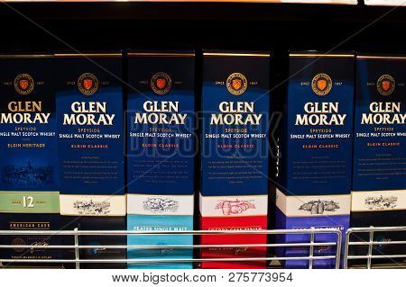 Kyiv, Ukraine - December 19, 2018: Boxes Of Glen Moray On Shelves In A Supermarket. Glen Moray Disti