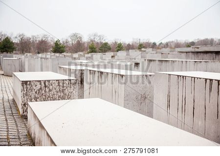 Berlin, Germany - March, 2018: Memorial To The Murdered Jews Of Europe In A Cold And Rainy End Of Wi