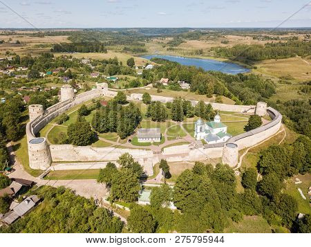 Izborsk Medieval Russian Fortress Kremlin - With A Church. Aerial Drone Photo. Near Pskov, Russia. B