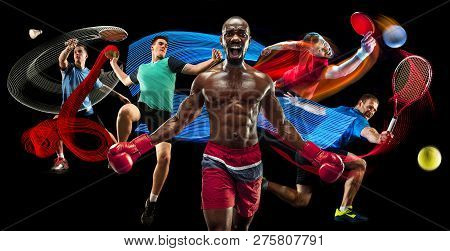 Attack. Sport Collage About Badminton, Tennis, Boxing And Handball Players On Black