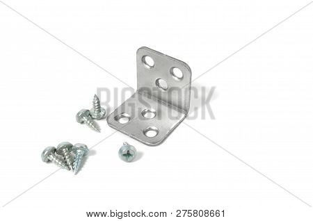 Furniture, Metal Corner For Fasteners With Six Holes On A White Background.