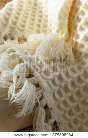 Close Up Of Handmade Knitted Woolen Blanket