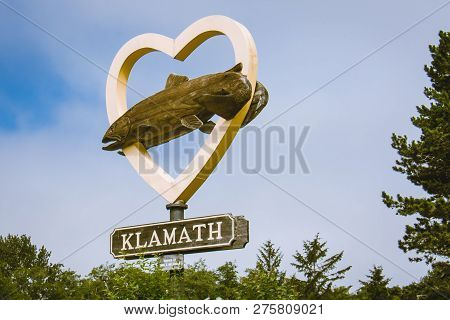 July 11 2018 - Klamath, California: Welcome Sign For Klamath California, Shows A Heart With A Fish. 