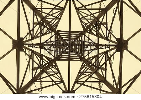Super Symmetry. Part Of An Electrical Tower. Kiev Region. Horizontal Frame. Black And White Image, S