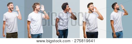 Collage of group of handsome hispanic, indian and arab men over vintage background shouting and screaming loud to side with hand on mouth. Communication concept.