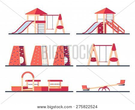 Set Of Children Plaground Constructor. Children Play Complex With Swing, Slide And Climbing Wall.