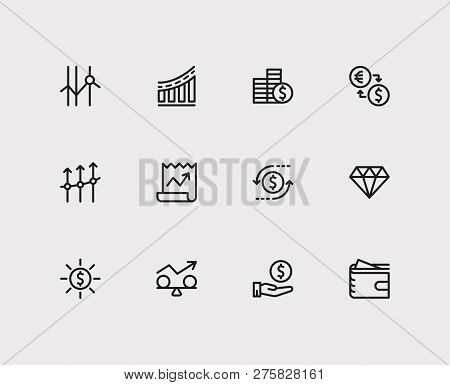 Economy Icons Set. Stock News And Economy Icons With Jewelry, Exchange And Profit. Set Of Deposit Fo