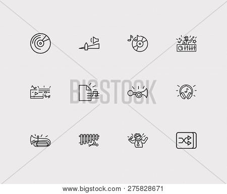 Musical Icons Set. Music Record And Musical Icons With Xylophone, Claxon And Low Volume. Set Of Vint