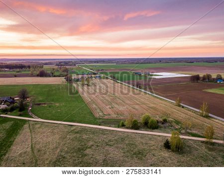 Drone Photo Of The Fields In Colorful Early Spring