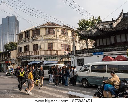 Shanghai - China - 26 October 2018: Traditional Shops On Fuyou Rd In Old Town