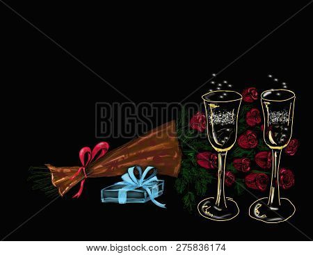 Two Champagne Glasses, Bouquet Of Red Roses And Gift  Box With Ribbon Bow Isolated On The Black Back