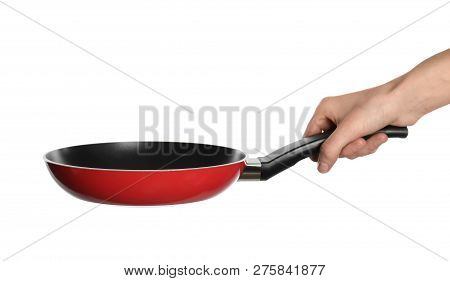 Woman Holding New Clean Frying Pan On White Background