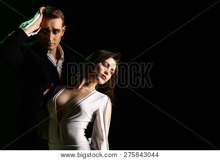 An Emotional Feeling Of Love. Theatre Actors Miming Through Body Motions. Couple In Love With Mime M