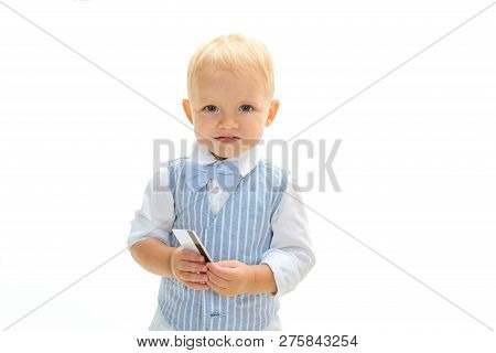 Good Purchase. Boy Child With Credit Card. Little Cardholder. Little Boy Keep Business Card. Small C