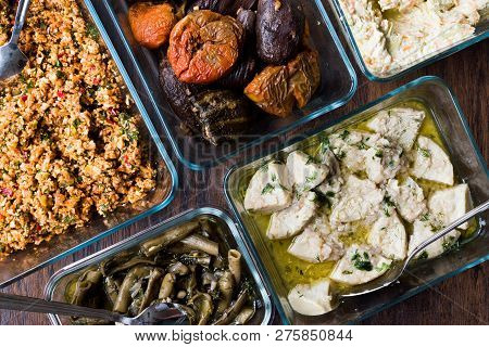 Turkish Food With Olive Oil Kisir, Dolma, Artichoke, Broad Beans And Carrot Salad With Yogurt. Tradi