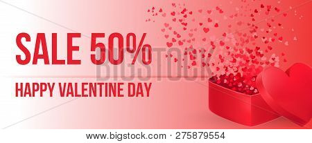 Sale, Happy Valentine Day Lettering With Heart Shaped Gift Box. Saint Valentines Day Offer Or Sale A