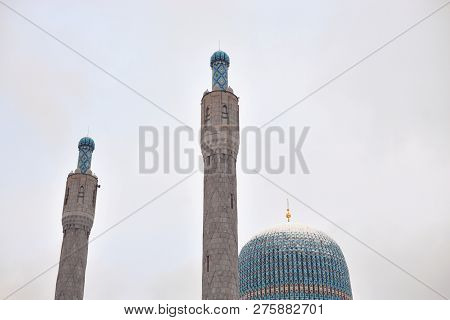 Minarets Of Saint Petersburg Mosque On Petrograd Side At Cloud Day, Russia.