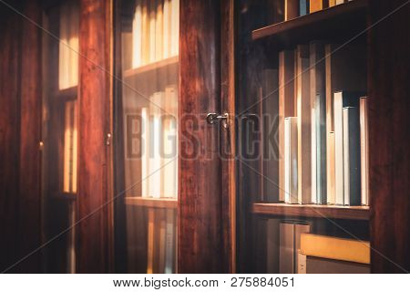 Classic Bookshelf Background In Soft Blur Ventage Effect.