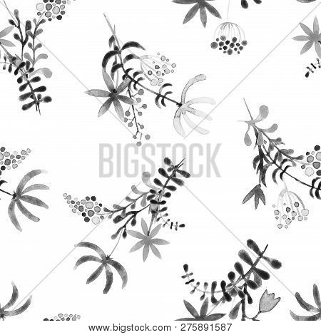Cute Watercolor Floral Seamless Pattern. Back And White Boho Flowers. Vintage Hippie Style. Cute Flo