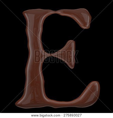 Letter E from chocolate droplets. Isolated on black background. 3d rendering.