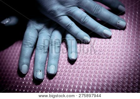 Womans Hands Showing Semipermanent Beige Manicure. Beauty Nails