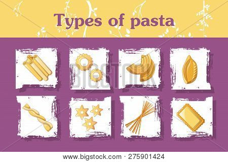 Types Of Italian Pasta Concept Background. Cartoon Illustration Of Types Of Italian Pasta Concept Ba