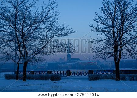 Riga View In Winter. Riga, Capital City Of Latvia In Winter Time. View Of Church In Winter. View Of 
