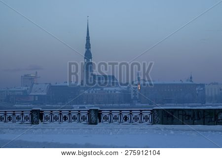 Riga View In Winter. Riga, Capital City Of Latvia In Winter Time. View Of Church In Winter. View Of 