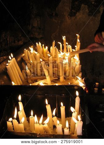 Burning Candles In The Lebanese Church Of Saint Charbel