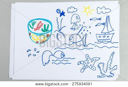 Child Doodle Of Pair Of Cute Sheeps On Lawn With Green Grass And Flowers. Kid Drawing With Colorful 