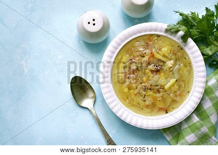 Cabbage Soup ( Shchi ) With Chicken.top View With Copy Space.